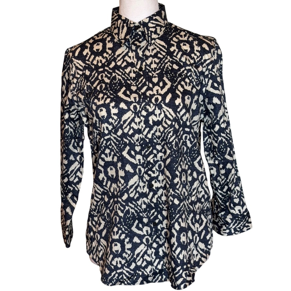 Lauren Ralph Lauren Womens Navy White Ikat Non Iron Cotton Button Down Shirt M